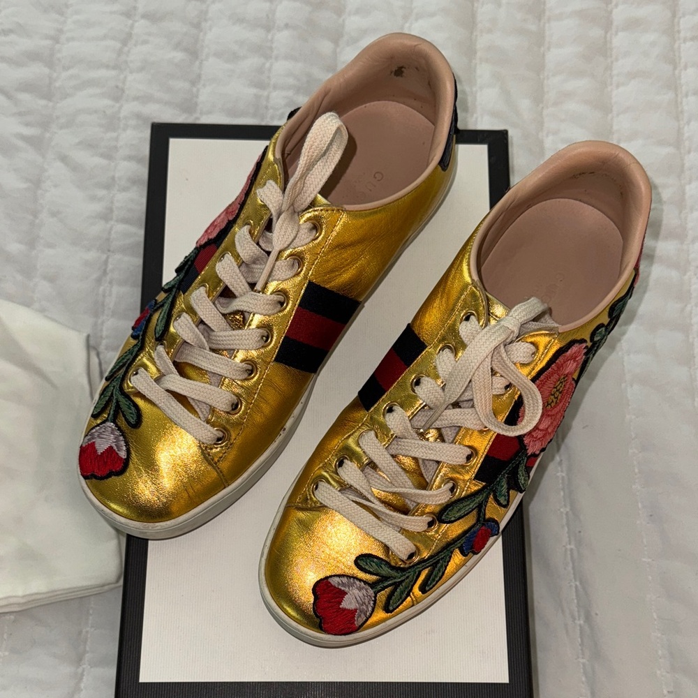 Gold Floral Embroidered Sneakers